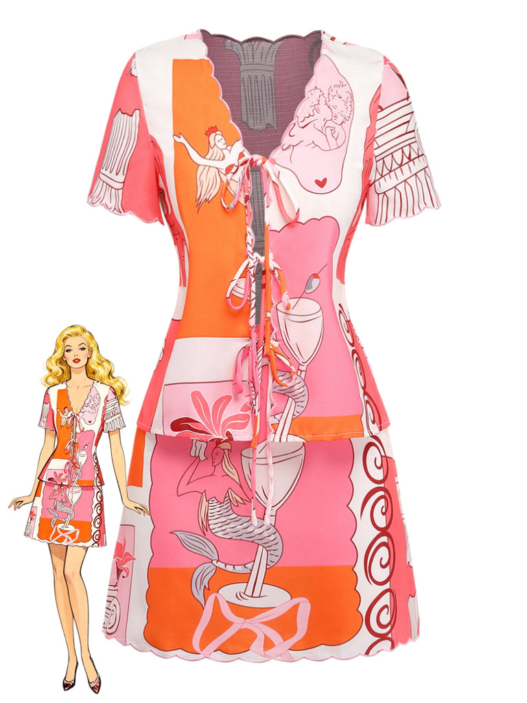 2PCS Top e Gonna Multicolore con Stampa Sirena e Allacciatura Anni '40 3