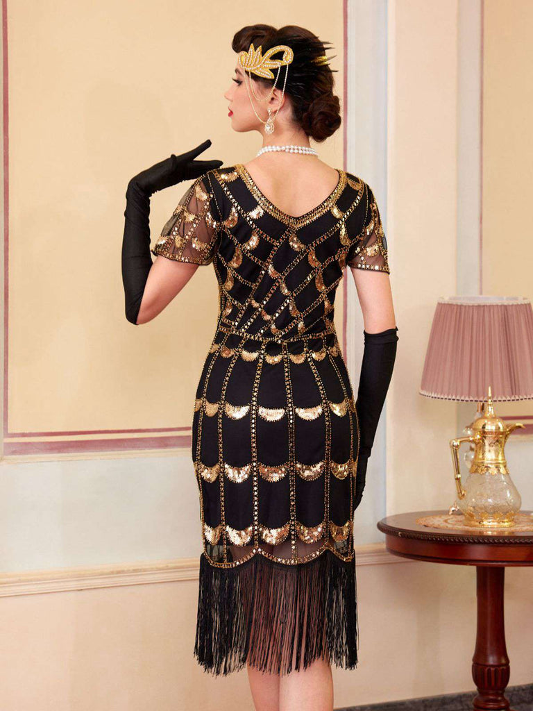 Abito flapper in paillettes con frange e perline anni '20