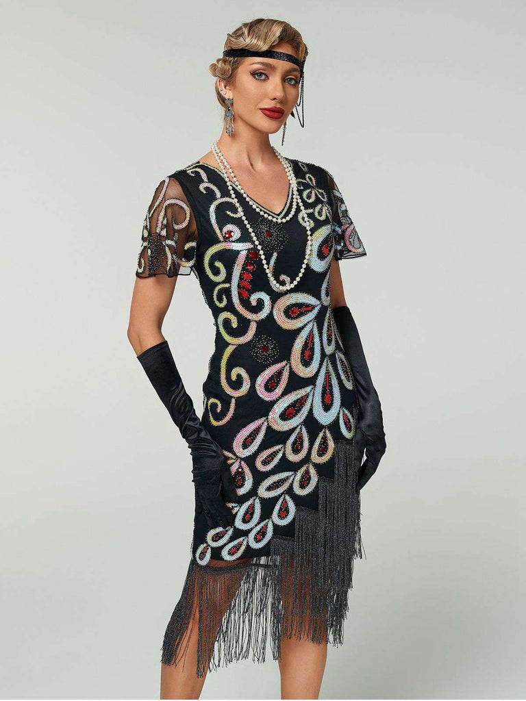 Abito flapper con frange di perline e paillettes a pavone nero anni '20