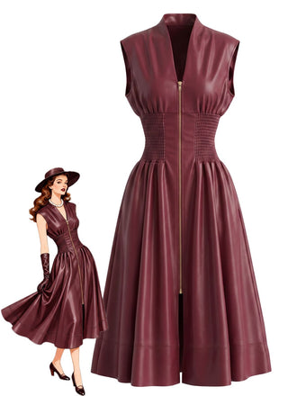 Abito Bordeaux Anni '40 in Ecopelle Manica Corta in Vita