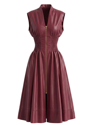 Abito Bordeaux Anni '40 in Ecopelle Manica Corta in Vita