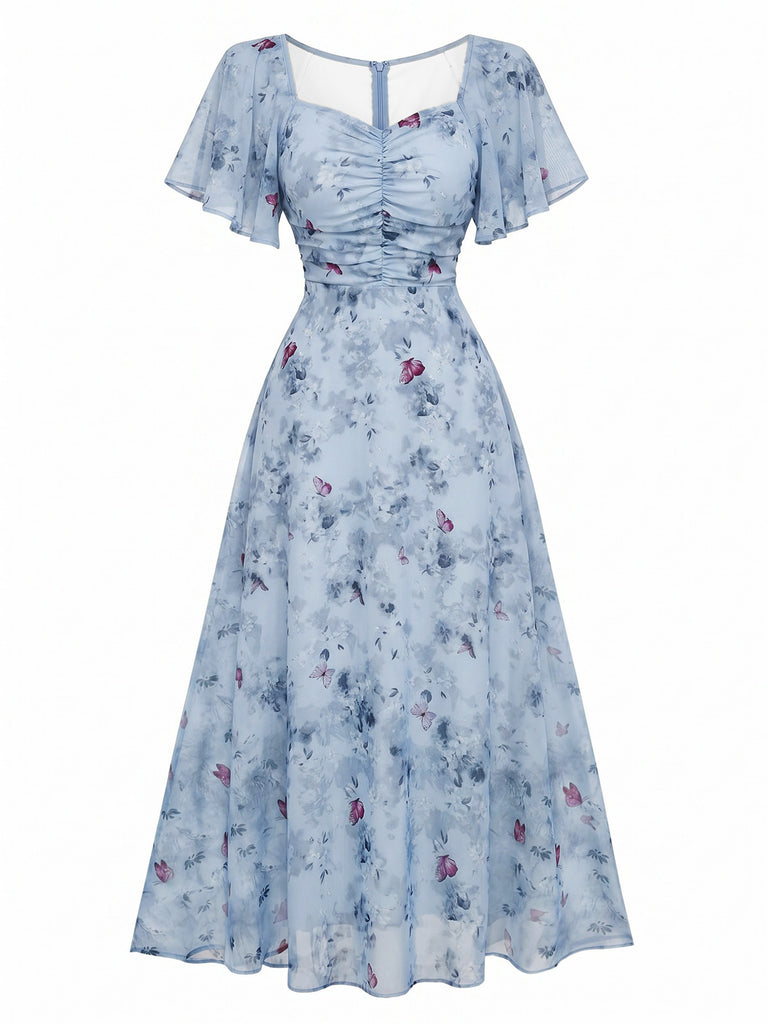 [Prevendita] Abito Verde Salvia Anni '30 in Chiffon con Farfalla e Maniche a Volant