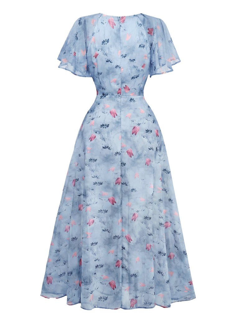 [Prevendita] Abito Verde Salvia Anni '30 in Chiffon con Farfalla e Maniche a Volant