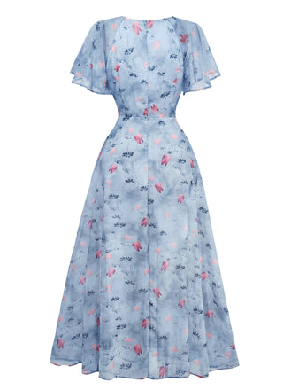 Abito Blu Anni '30 in Chiffon con Farfalla e Maniche a Volant