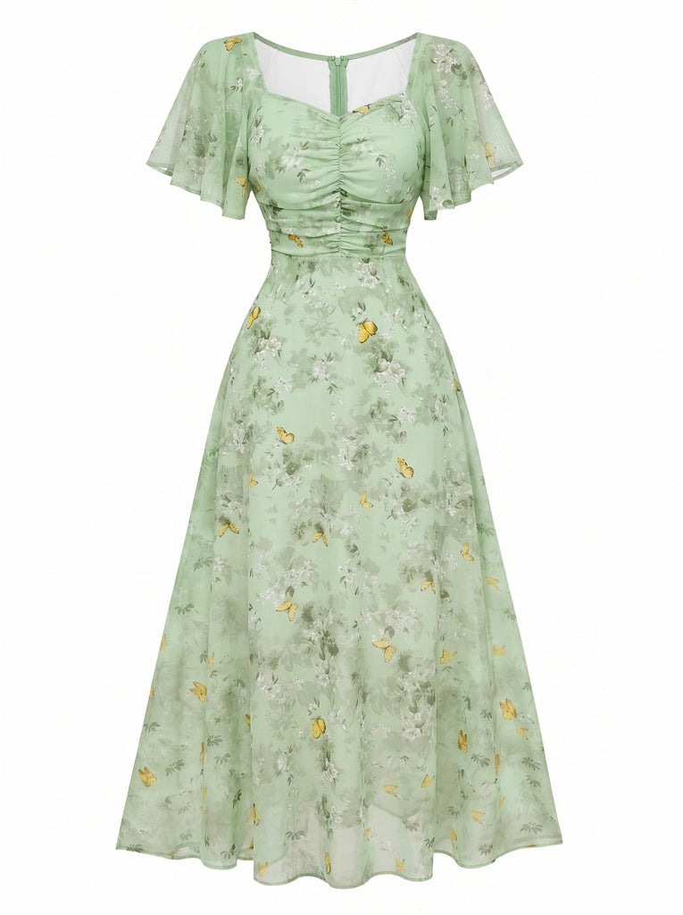 [Prevendita] Abito Verde Salvia Anni '30 in Chiffon con Farfalla e Maniche a Volant