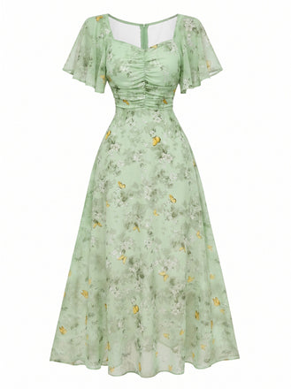 Abito Verde Anni '30 in Chiffon con Farfalla e Maniche a Volant