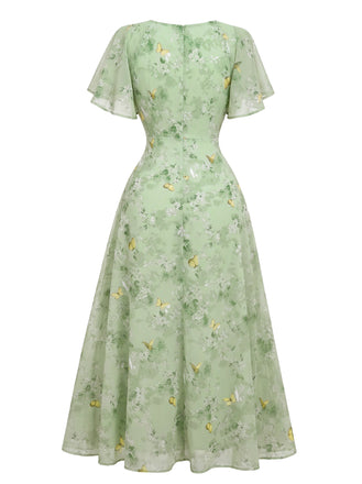 Abito Verde Anni '30 in Chiffon con Farfalla e Maniche a Volant