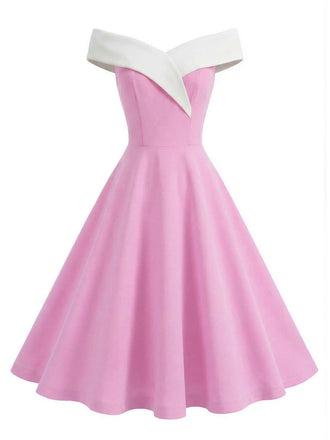 Abito Rosa Anni '50 Color Block a Spalle Scoperte Senza Maniche