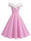 Abito Rosa Anni '50 Color Block a Spalle Scoperte Senza Maniche
