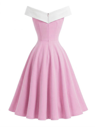 Abito Rosa Anni '50 Color Block a Spalle Scoperte Senza Maniche