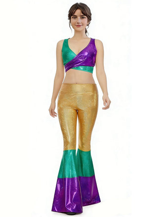 2PCS Top corto metallizzato e pantaloni a zampa anni '70