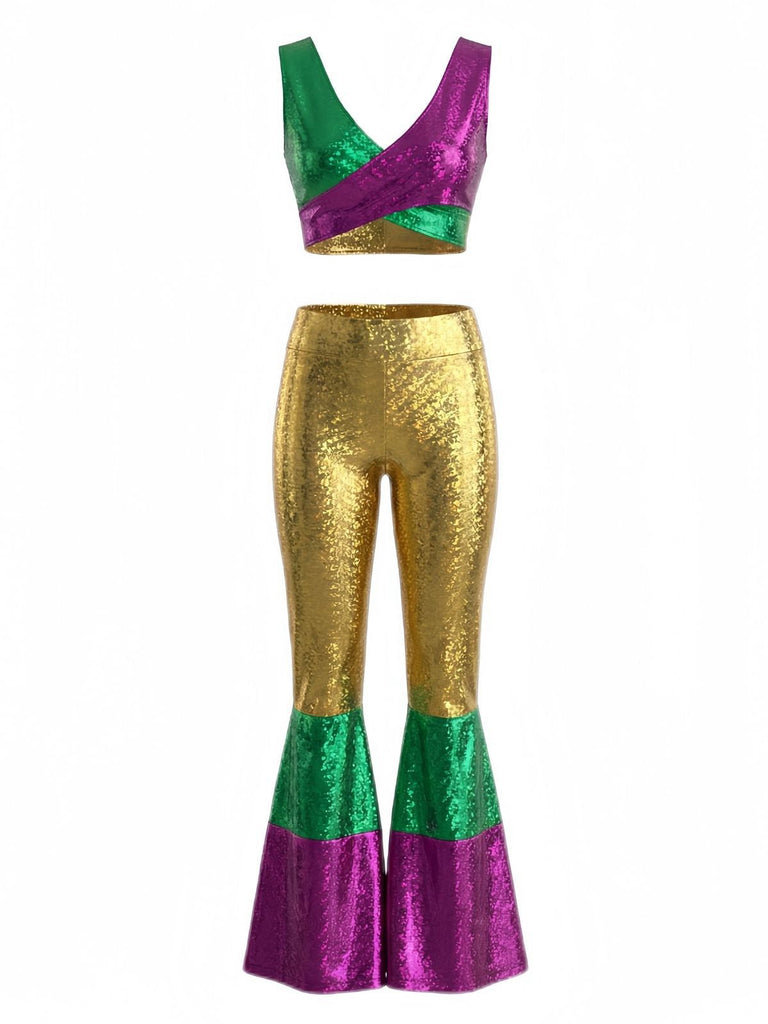 2PCS Top corto metallizzato e pantaloni a zampa anni '70