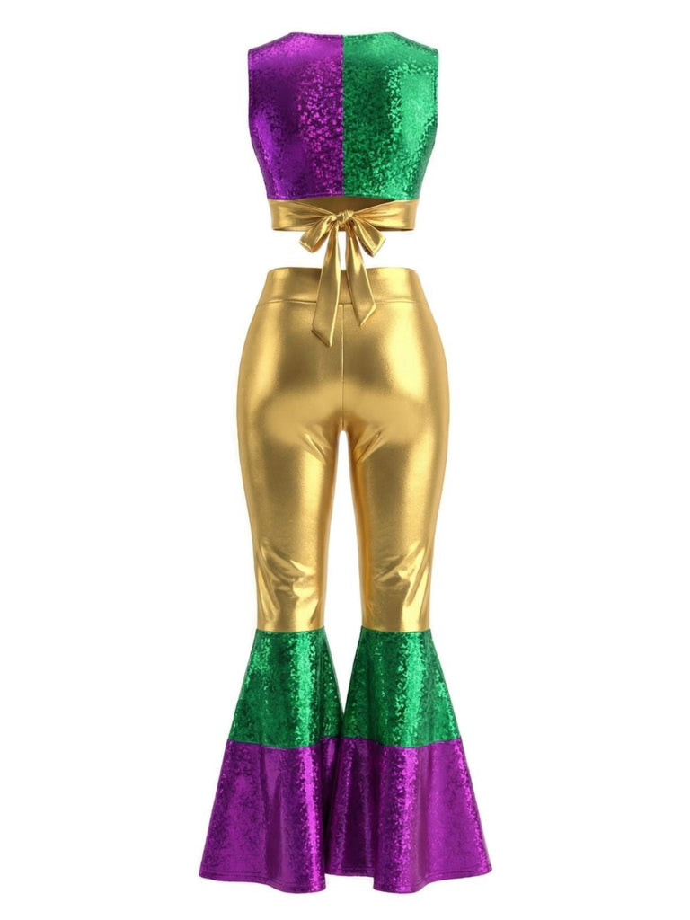 2PCS Top corto metallizzato e pantaloni a zampa anni '70