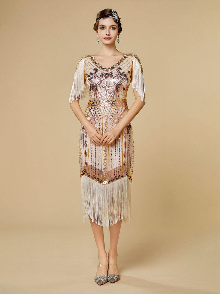 Abito flapper con frange di paillettes e scollo a V anni '20