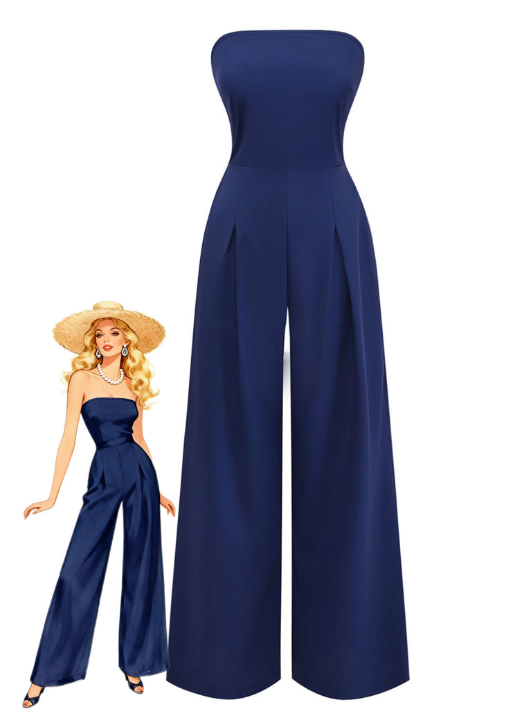 Incrociato Wide Leg Tuta Lunga Blu Scuro Anni '40