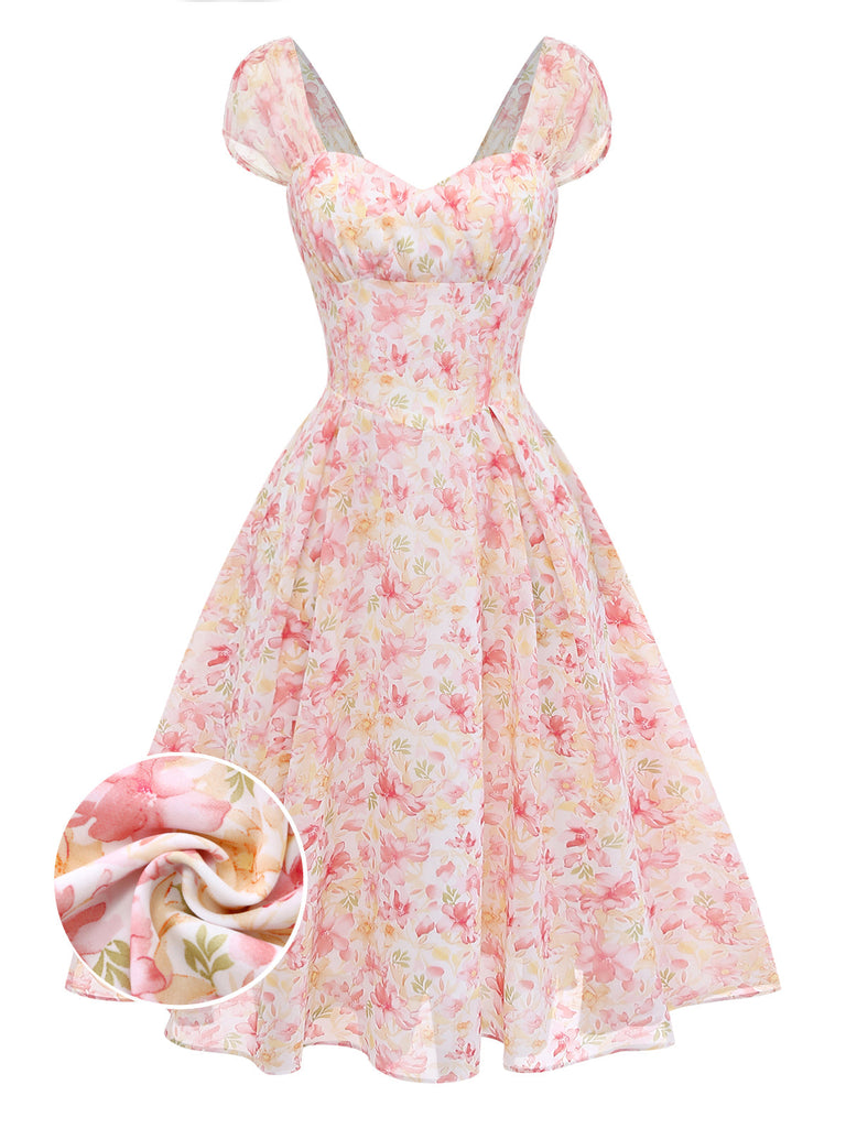 [Pre-Vendita] Floreale con Scollo Cuore Neck con Fiocco Abito Rosa Anni '50