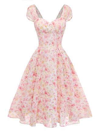 [Pre-Sale] Pink 1950s Floral Chiffon Bow Dress 2