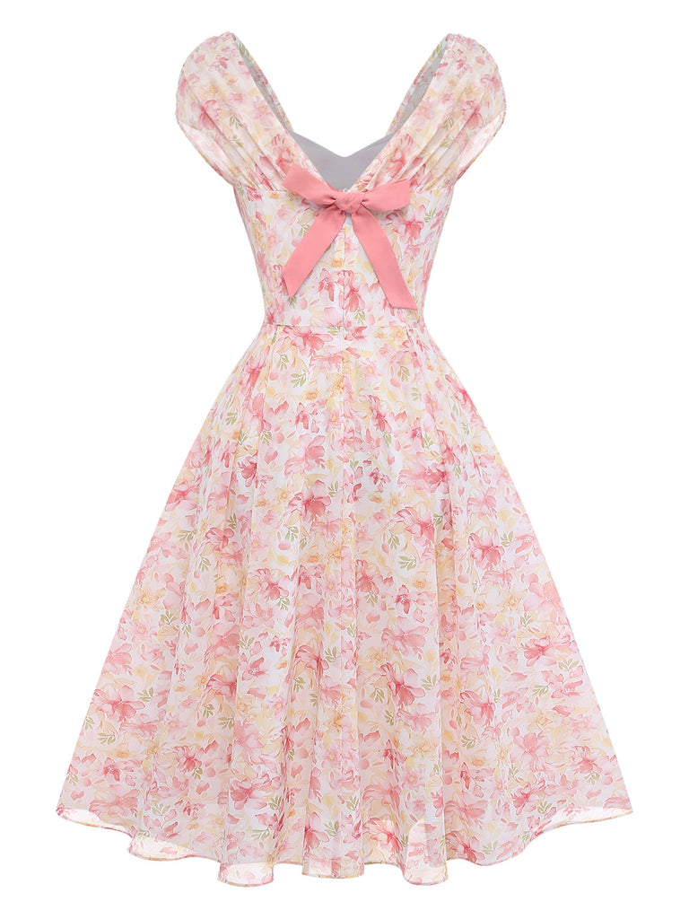 [Pre-Sale] Pink 1950s Floral Chiffon Bow Dress 3
