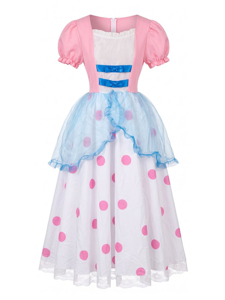Abito Rosa Anni '40 a Pois Cosplay Bo Peep con Maniche a Sbuffo