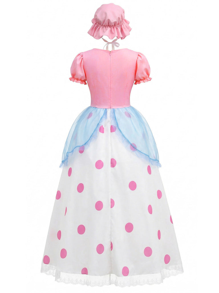 Abito Rosa Anni '40 a Pois Cosplay Bo Peep con Maniche a Sbuffo