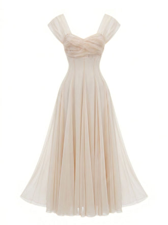 Abito Beige Anni '30 con Scollo a Cuore Maniche Corte in Rete con Stecche