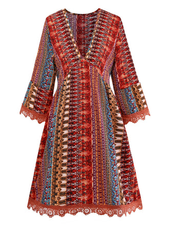 Abito Multicolore Bohémien con Scollo a V a Balze Sleeve Anni '70