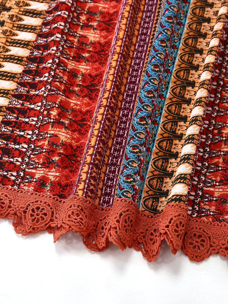 Abito Multicolore Bohémien con Scollo a V a Balze Sleeve Anni '70 4