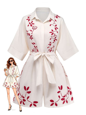 Botanical Print Lapel Belted Tuta Corta Beige Anni '50