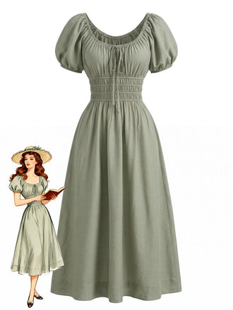 con Scollo Quadrato Manica Sbuffo Boho Abito Verde Anni '70