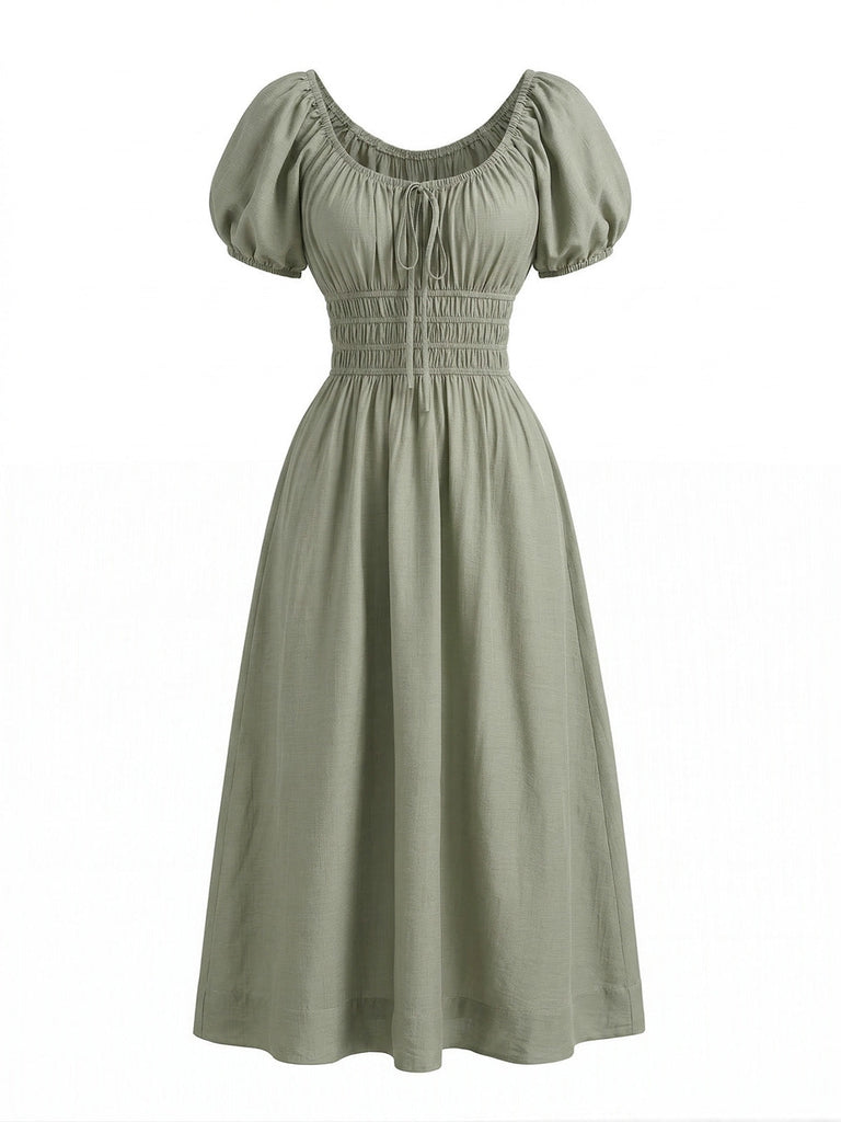 Green 1950s Square Neck Puff Sleeve Boho Dress 2