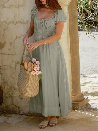 Green 1950s Square Neck Puff Sleeve Boho Dress 7