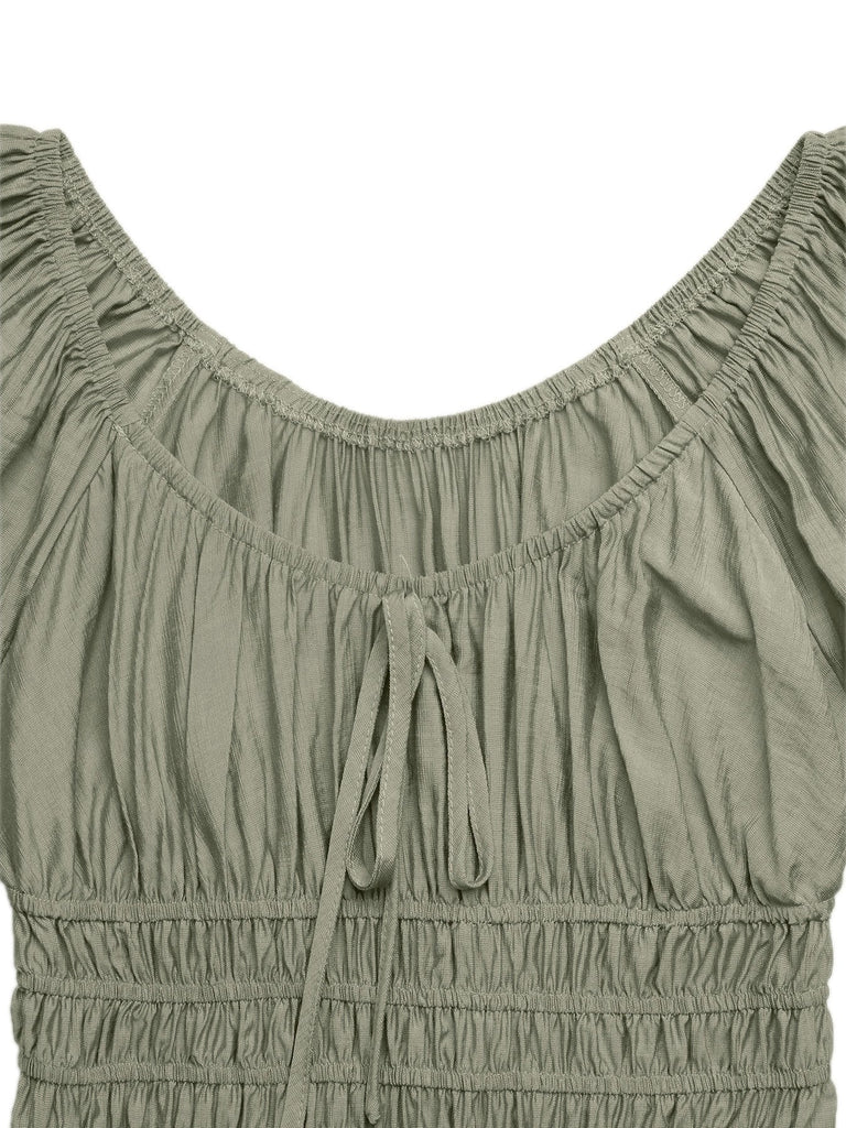 Green 1950s Square Neck Puff Sleeve Boho Dress 8