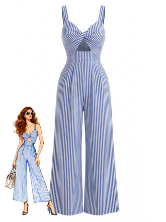 Righe Twisted Hollow con Scollo V Tuta Lunga Blu Anni '50