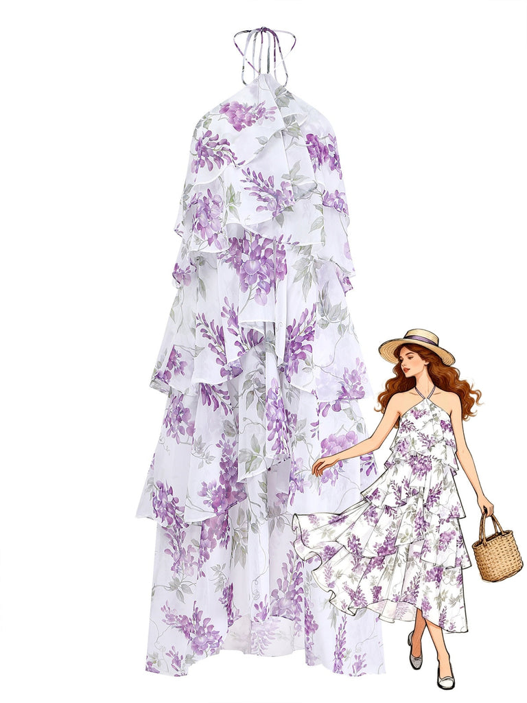 Abito Floreale Halter a Balze con Volant - Lavanda Anni '30