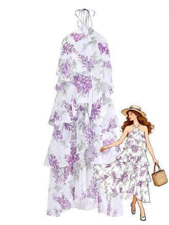 Abito Floreale Halter a Balze con Volant - Lavanda Anni '30