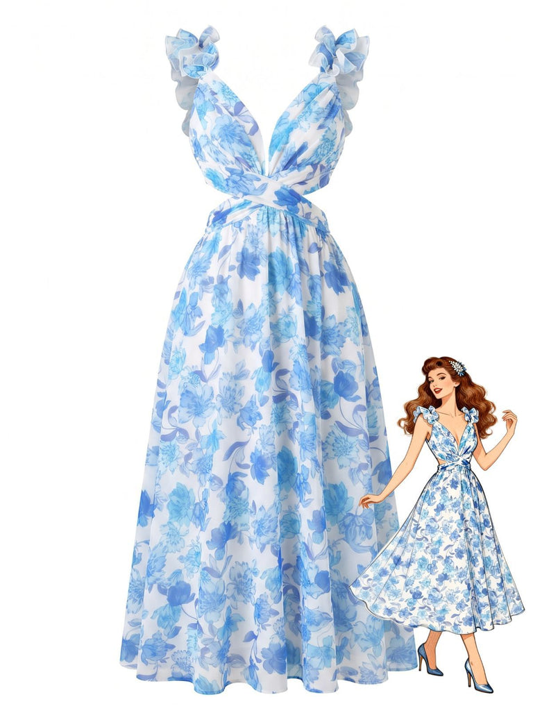Abito Lungo Blu Anni '50 Floreale con Cut-Out e Spalline a Volant