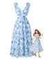 Abito Lungo Blu Anni '50 Floreale con Cut-Out e Spalline a Volant