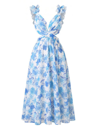 Abito Lungo Blu Anni '50 Floreale con Cut-Out e Spalline a Volant