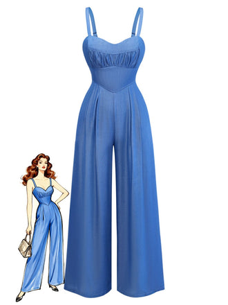 Tuta Lunga Blu in Denim con Spalline Sottili e Arricciatura Anni '50