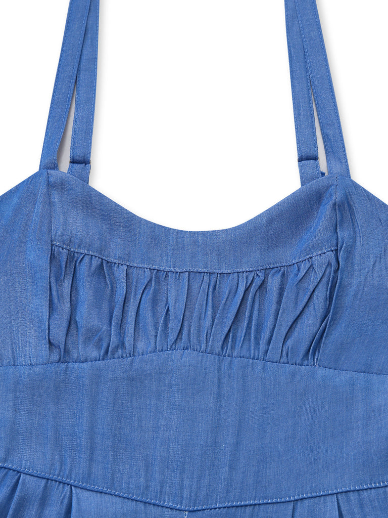 Tuta Lunga Blu in Denim con Spalline Sottili e Arricciatura Anni '50 4
