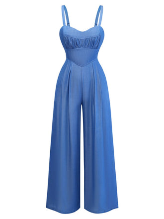 Tuta Lunga Blu in Denim con Spalline Sottili e Arricciatura Anni '50 2