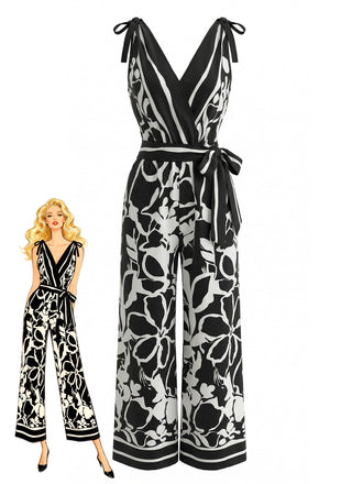Floreale con Scollo V Senza Maniche Wide Leg Tuta Lunga Anni '70