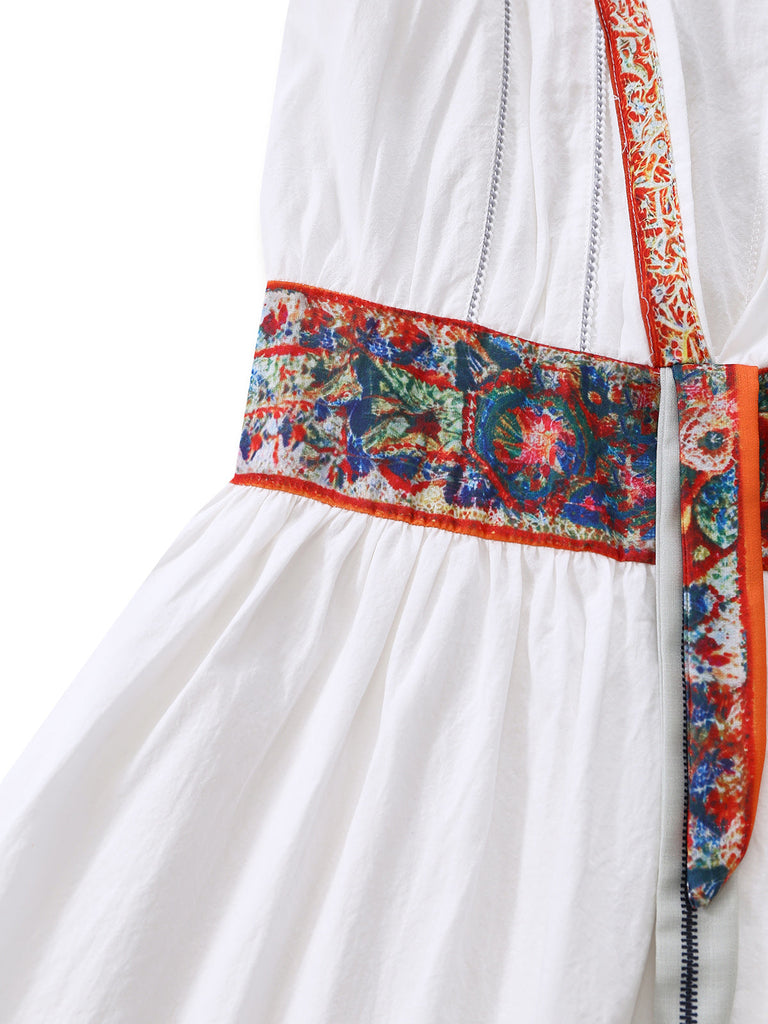White 1970s V-Neck Sleeveless Boho Mini Dress 4