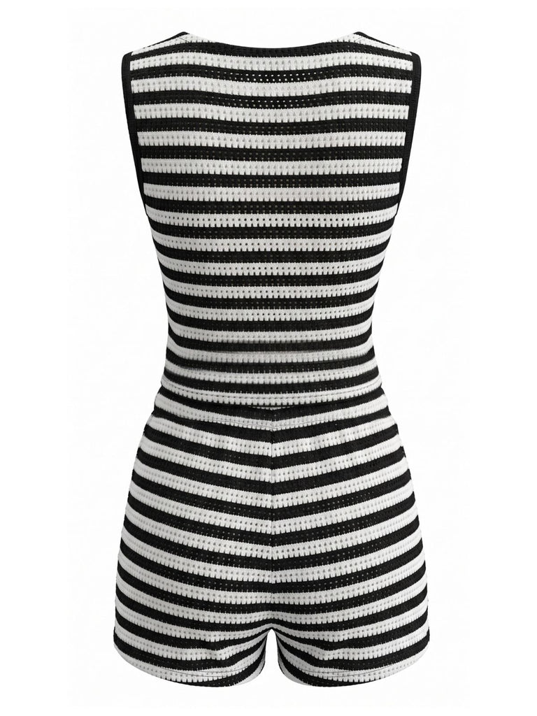 2PCS Top Nero Anni '40 a Righe Senza Maniche e Pantaloncini a Vita Alta