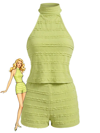 2 Pezzi 2PCS Verde in Pizzo Trim Halter & Shorts Anni '40