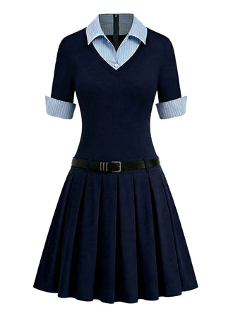 [Prevendita] Abito a Righe Patchwork a Maglia Plissettato - Blu Anni '60