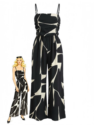 Abstract Printed Wide Leg Tuta Lunga Nero Anni '30