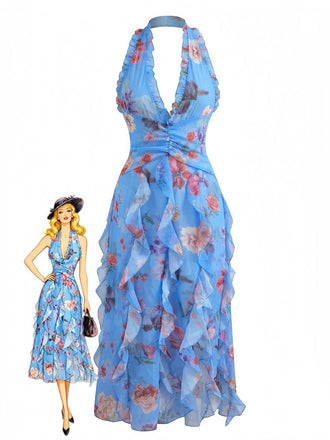 Floreale con Allacciatura al Collo con Scollo V Ruffles Plissettato Abito Anni '30