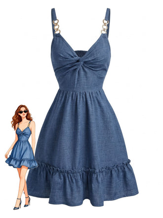 Abito Blu con Spalline Sottili Nodo e Volant Anni '60