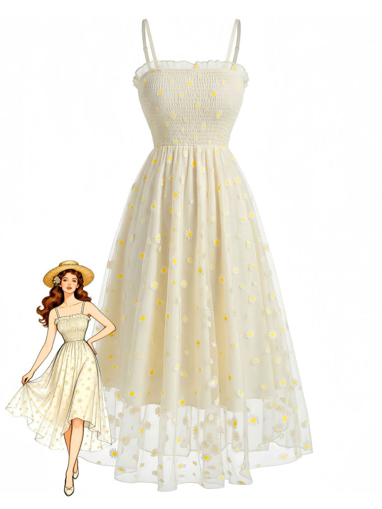 Abito Midi Giallo Chiaro in Tulle con Ricamo Margherite e Arricciatura Anni '50